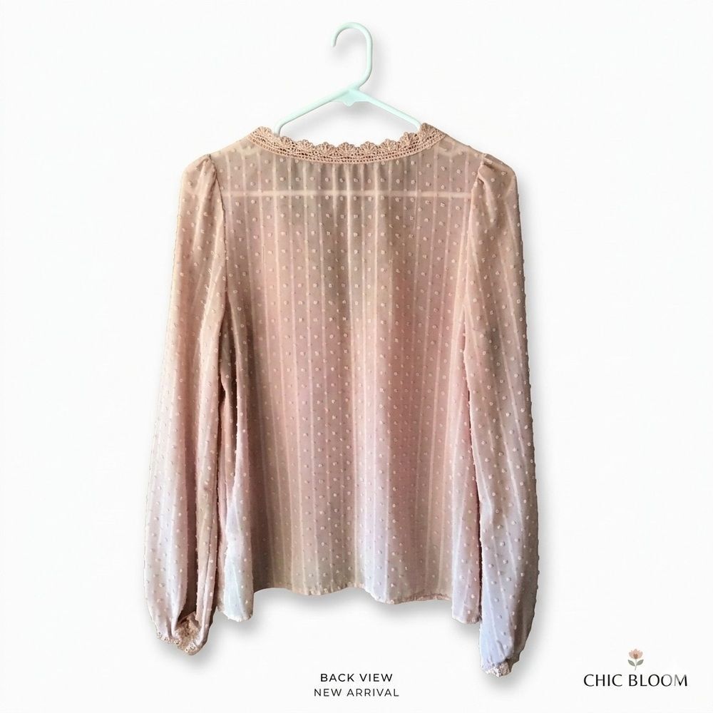 SHEIN Pink Swiss Dot Lace Trim V-Neck Blouse Long Sleeve Boho Romantic Small - Picture 4 of 4